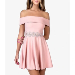 B. Darlin Pink Off-The-Shoulder Crochet Waist Skater Dress
